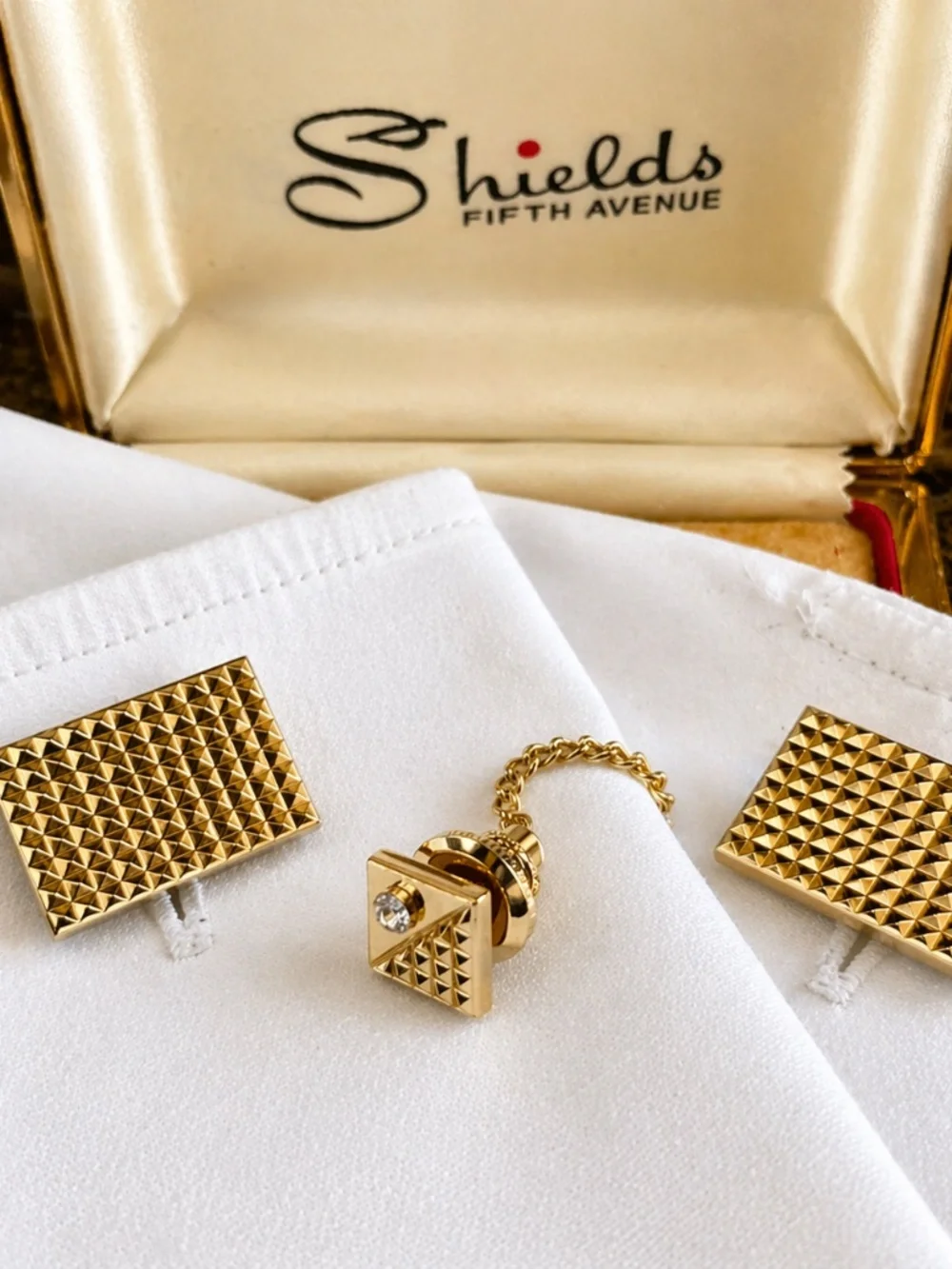 Vintage Pierre Cardin Tie Tack & Shields Pyramid Cufflinks – Gold Tone 1970s